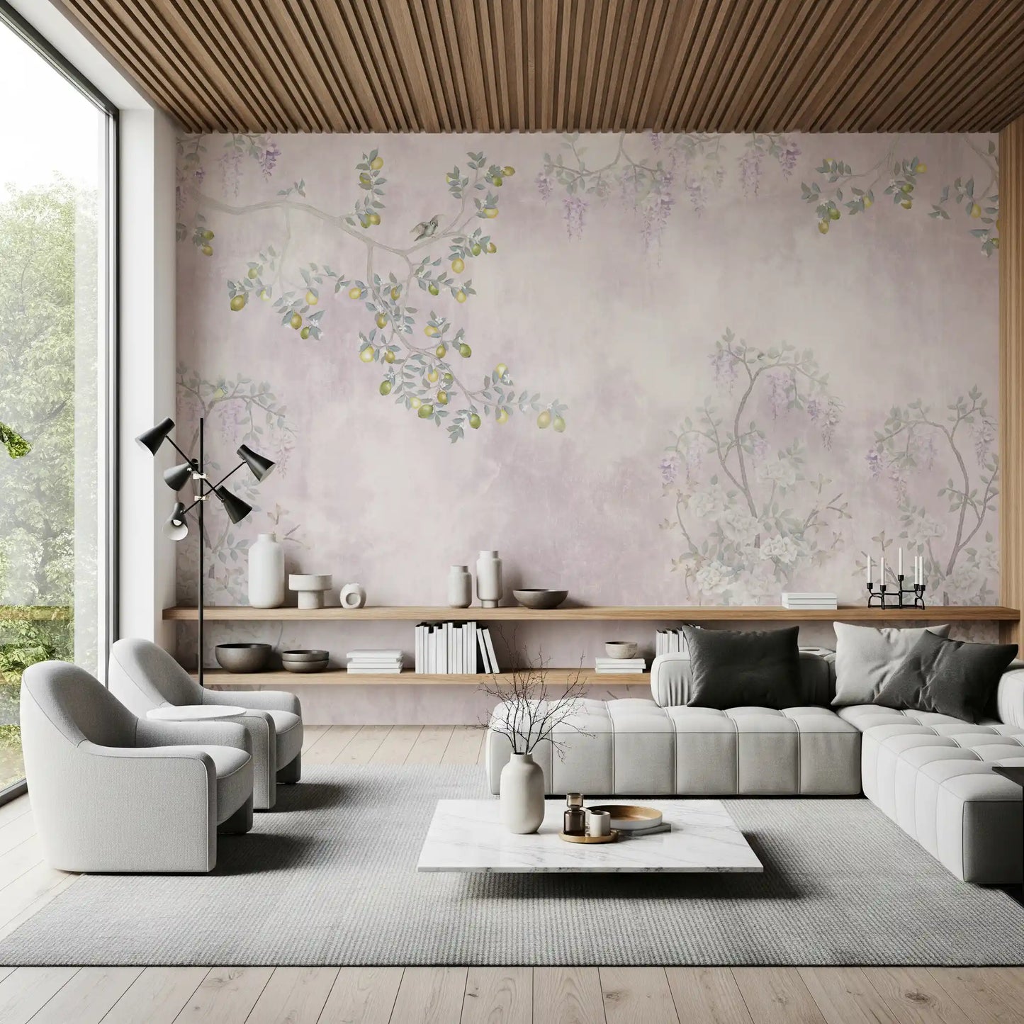 A bright living room displays the full Wisteria & Lemon Blossom Serenity Pink Wall Mural.