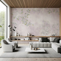 A bright living room displays the full Wisteria & Lemon Blossom Serenity Pink Wall Mural.