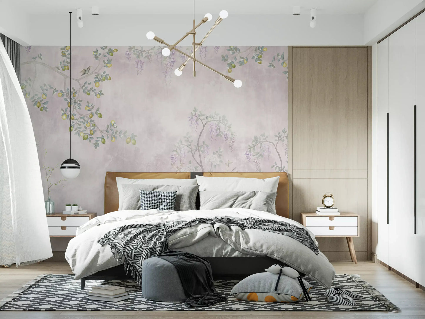 Yellow fruits decorate the Wisteria & Lemon Blossom Serenity Pink Wall Mural top section.