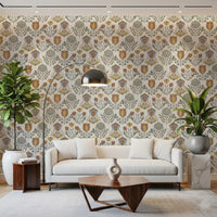 Sunlight the symmetrical Bloom wallpaper inside this contemporary living room
