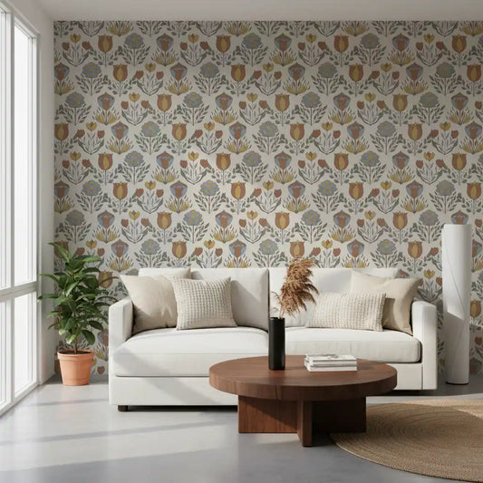 The Nordic Folk Bloom Wallpaper completes the modern lounge styling perfectly
