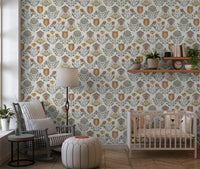 Dusty blue and mustard yellow petals shape the Nordic Folk Bloom Wallpaper layout
