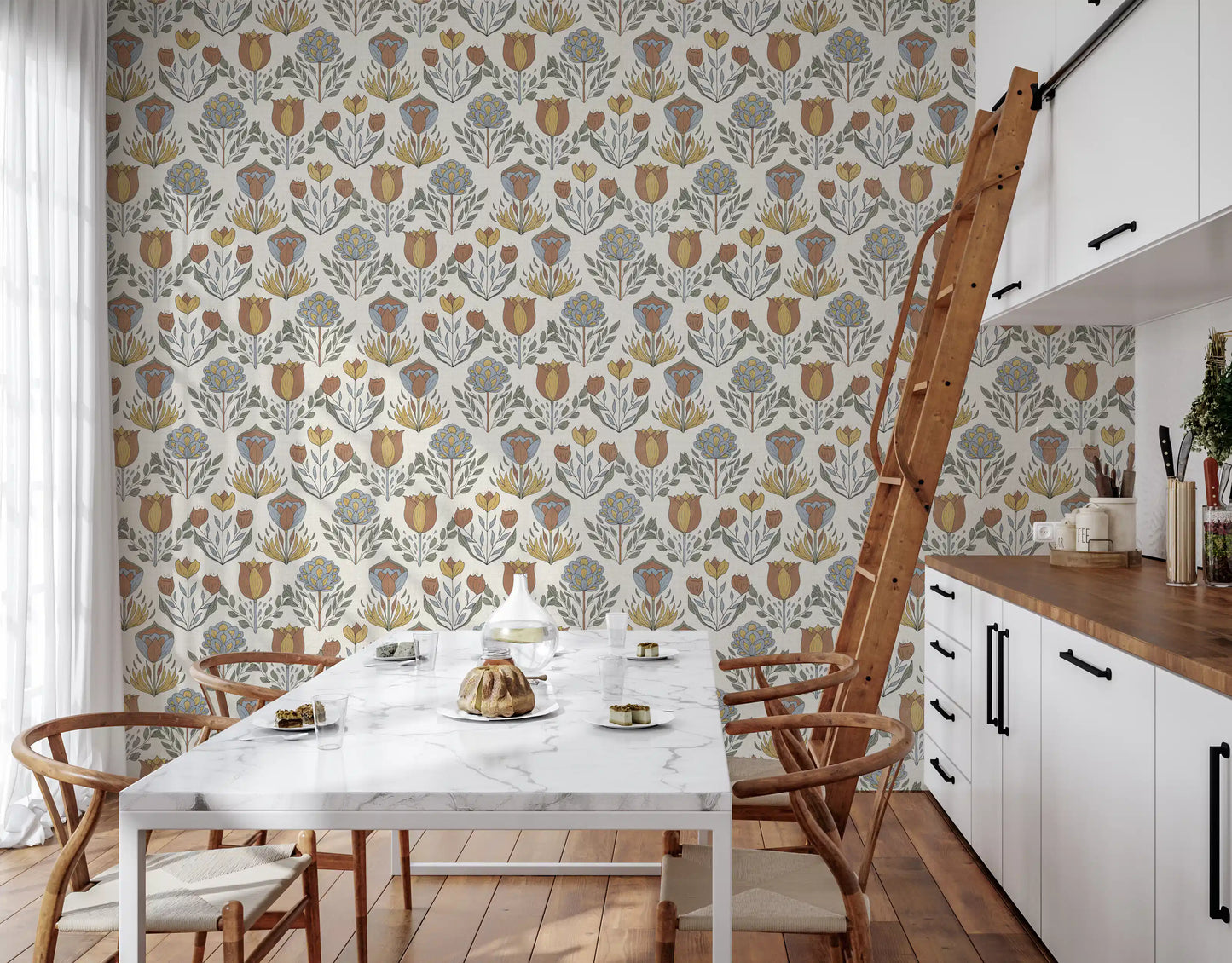 Warm lighting across the repeating Bloom wallpaper the quiet Kitchen and dining room 