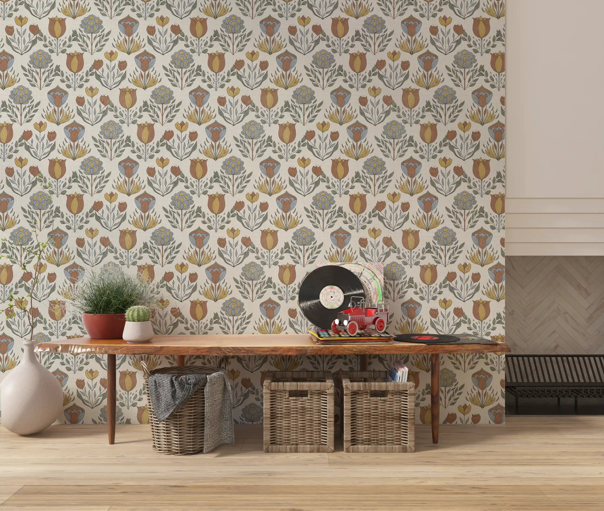 Warm lighting cascades across the repeating Bloom wallpaper throughout the quiet Hallway 
