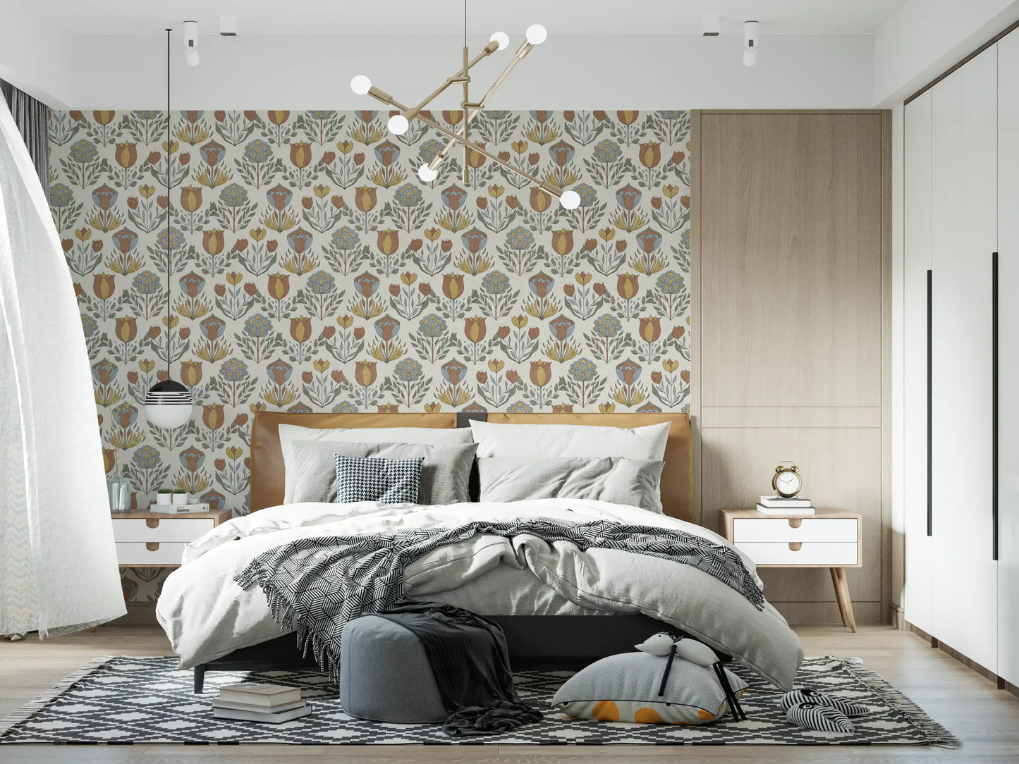 Repeating floral elements provide structure across the Nordic wallpaper surface