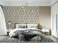 Repeating floral elements provide structure across the Nordic wallpaper surface