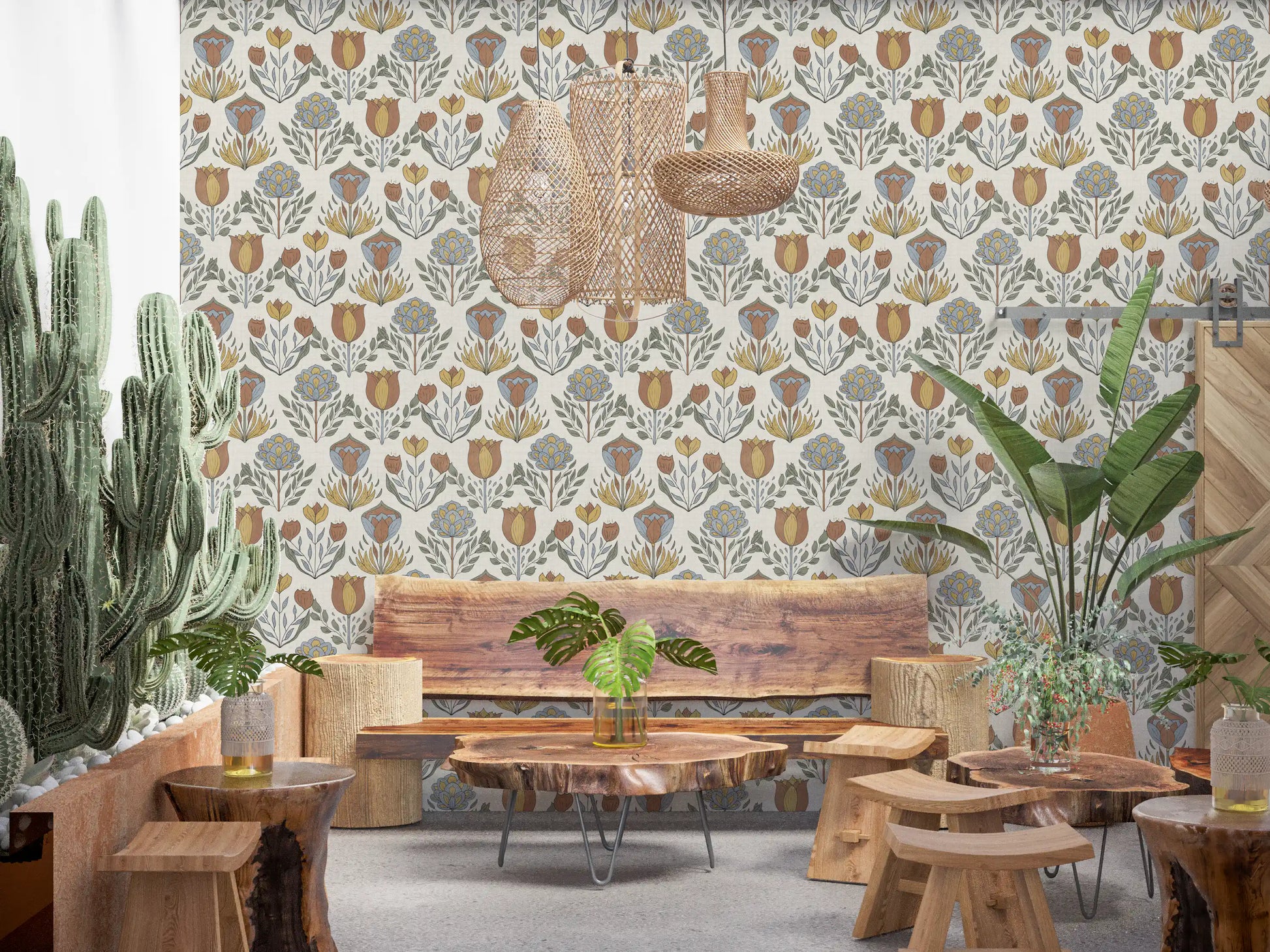 Textured beige backgrounds highlight the vintage botanical Bloom wallpaper motifs