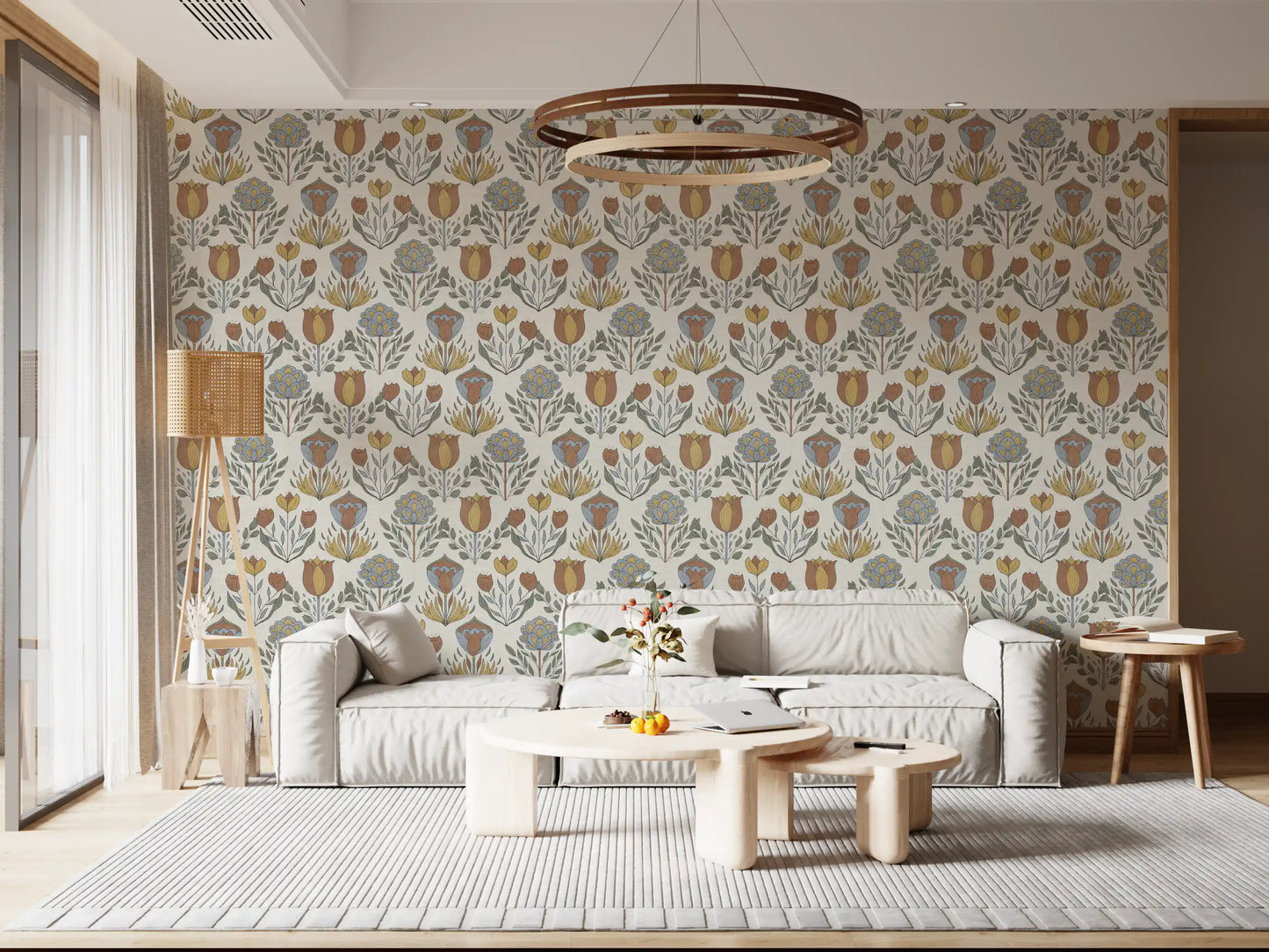 Traditional tulip patterns on the Folk wallpaper surround the entire Living room