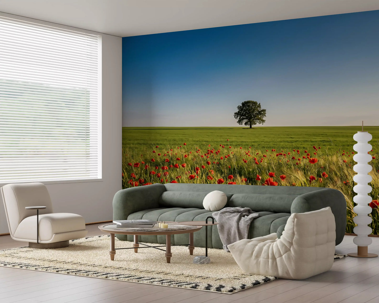 Lush green stalks sway beneath a single tree within the cheerful Meadow wall mural.