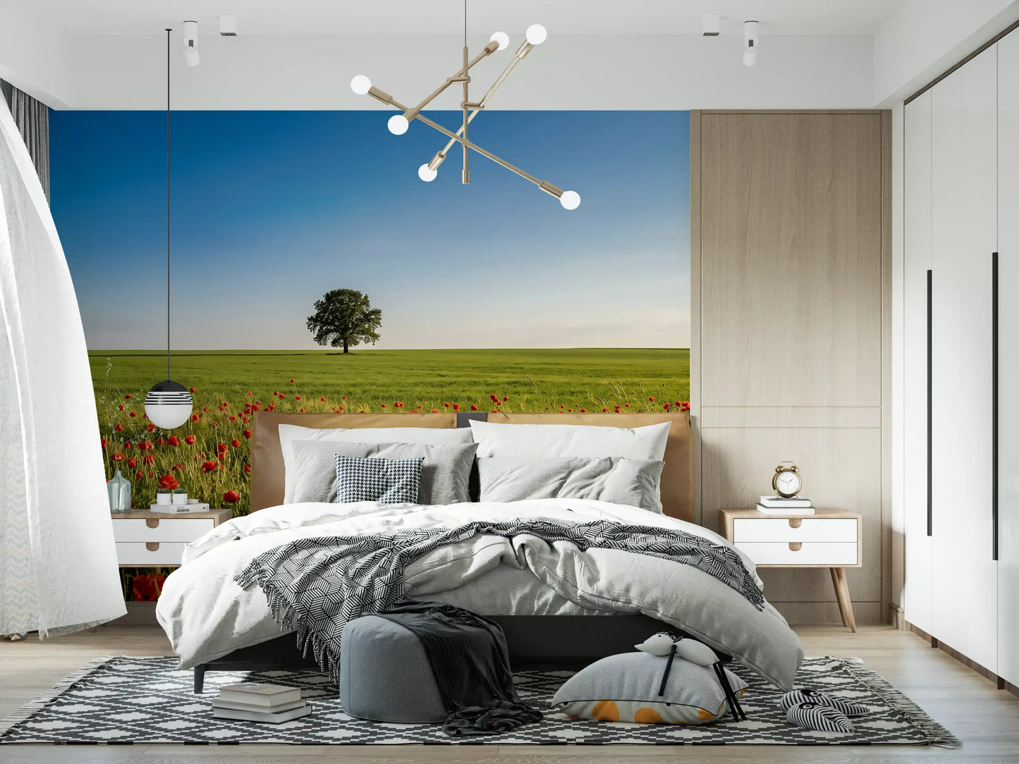 Red poppies from the Meadow wall mural introduce bright colour into a Bedroom.