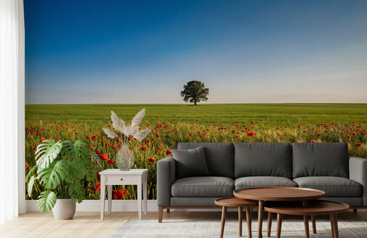 Diners enjoy meals beside the Vibrant Meadow Horizon Wall Mural inside this Living room.