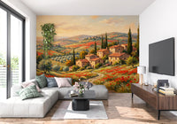 Winding path through poppy blooms in the Tuscan Fields Panorama wall mural, Living room 