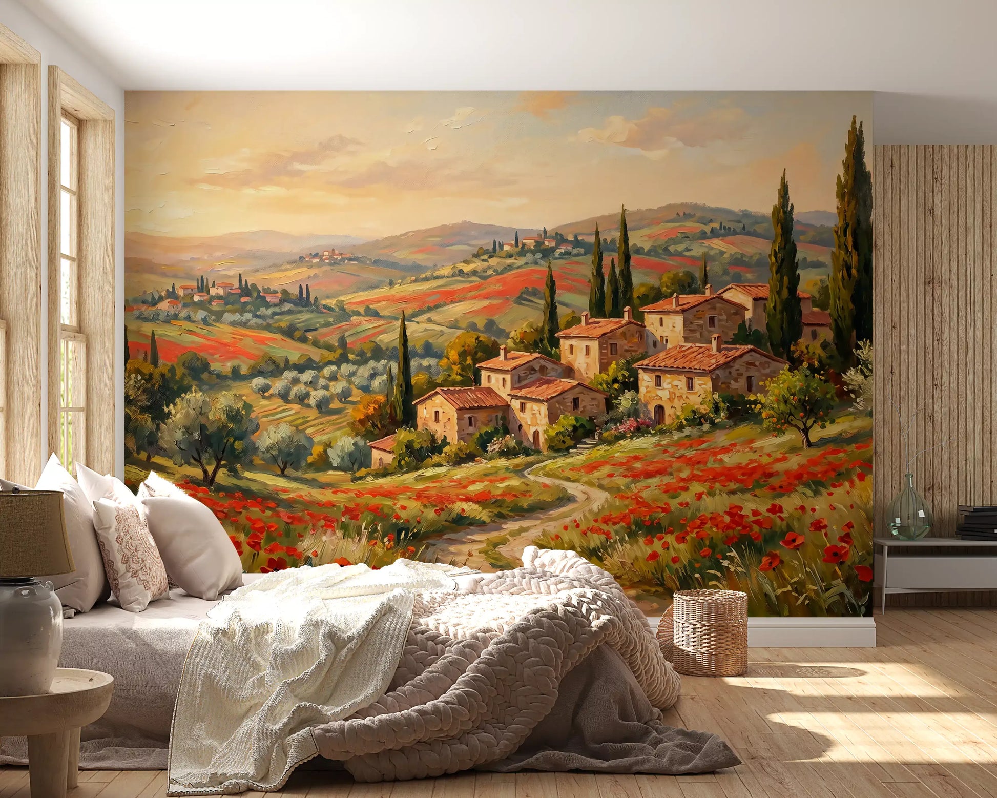 Golden meadows rise toward terracotta rooftops, Tuscan wall mural for a Bedroom
