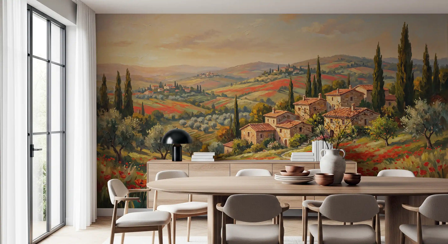 Poppy petals scatter in the foreground of the Tuscan Poppy Fields Panorama wall mural