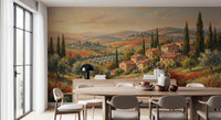 Poppy petals scatter in the foreground of the Tuscan Poppy Fields Panorama wall mural