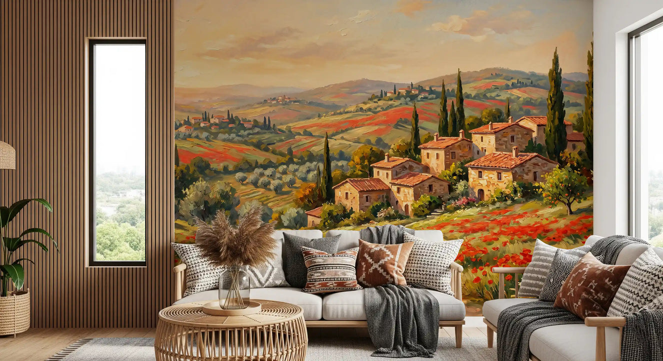 Tuscan Poppy Fields Panorama Wall Mural