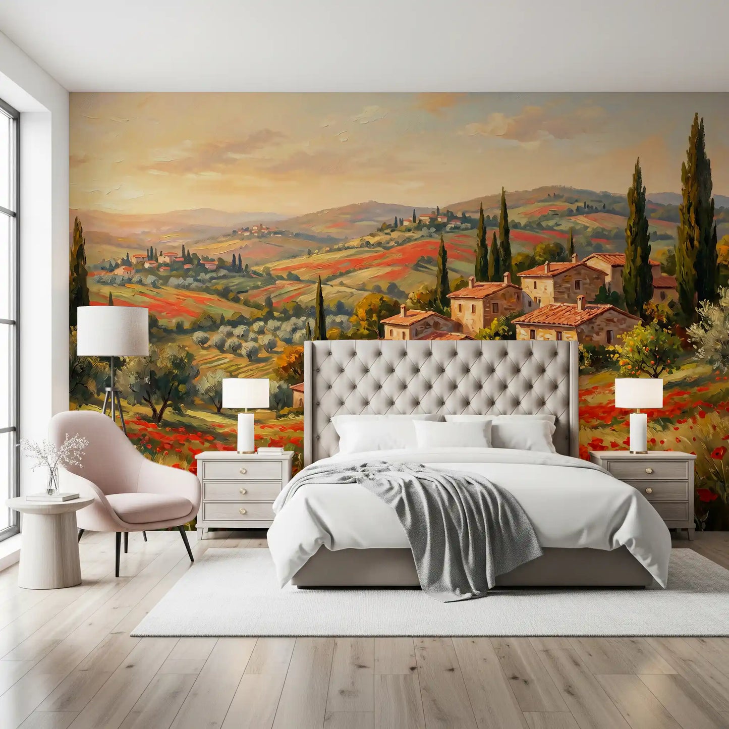 Brushstroke countryside and rolling hills line a Bedroom Tuscan Poppy wall mural feature
