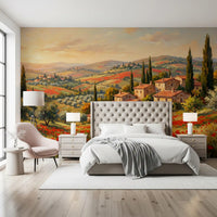 Brushstroke countryside and rolling hills line a Bedroom Tuscan Poppy wall mural feature