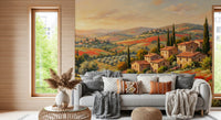 Clay rooftops cluster among olive trees in the Poppy wall mural foreground