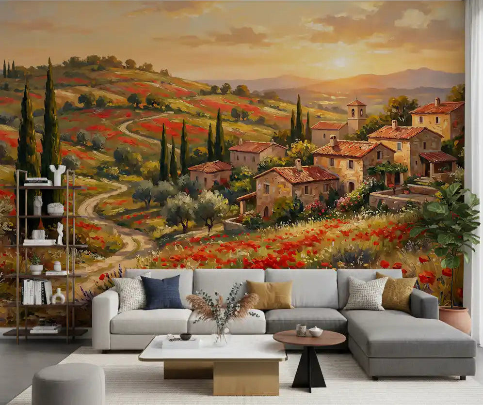 Tuscan poppy village dusk wall mural with rolling hills and cypress trees in living room 