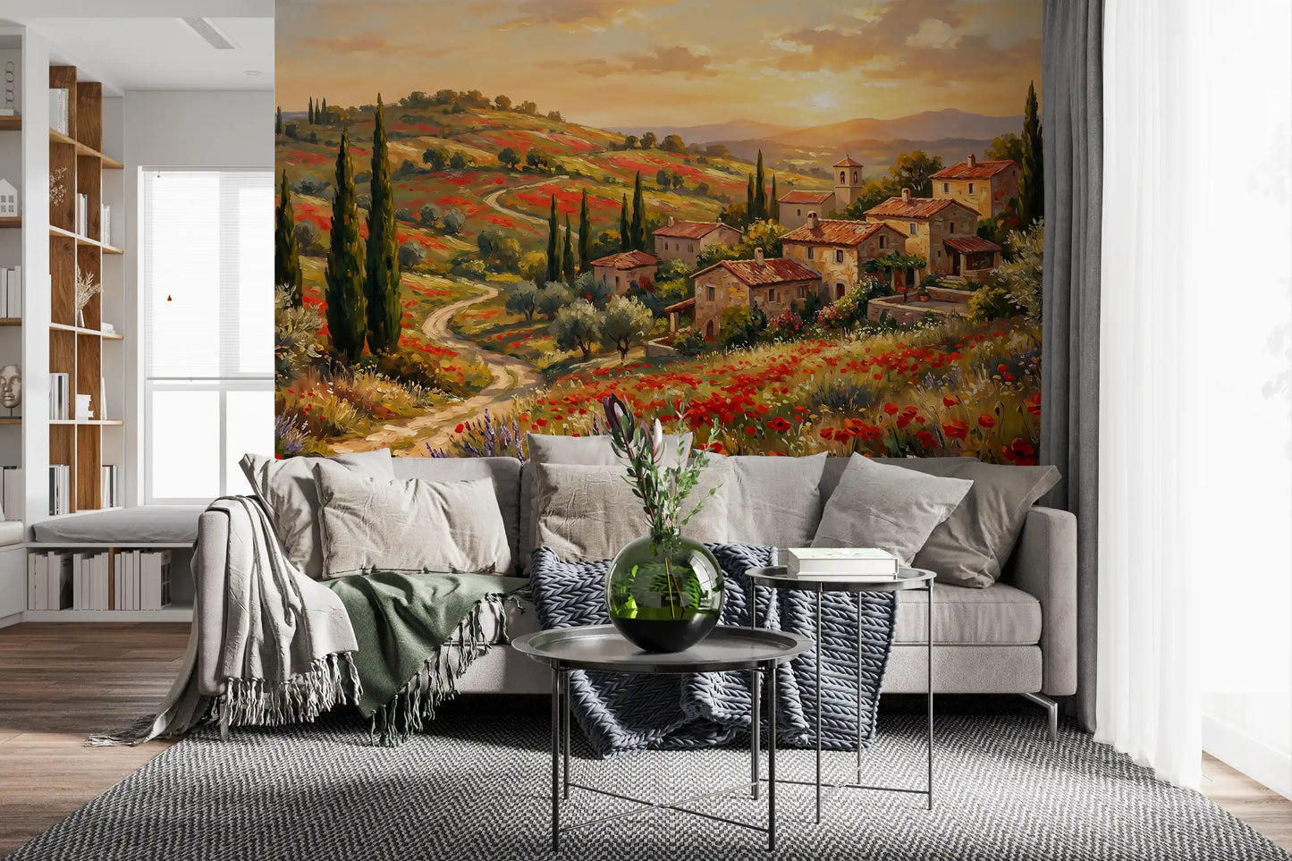 Cypress trees and olive groves on tuscan countryside wall mural in a living room