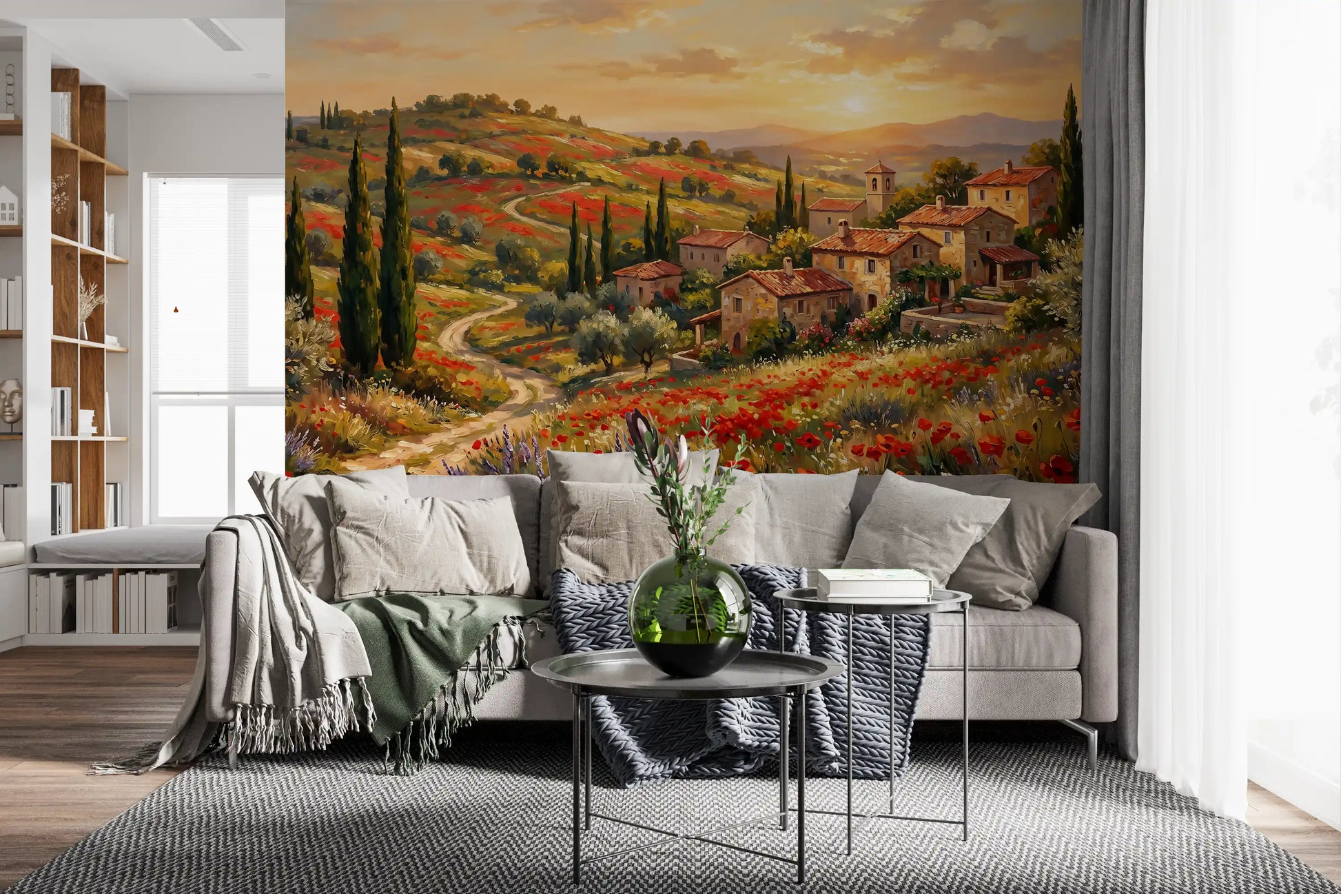 Cypress trees and olive groves on tuscan countryside wall mural in a living room