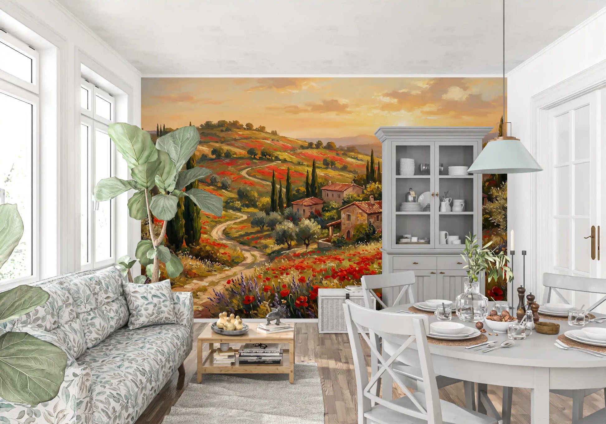 Red poppies and wildflowers covering hillside on Kitchen and dining wall mural