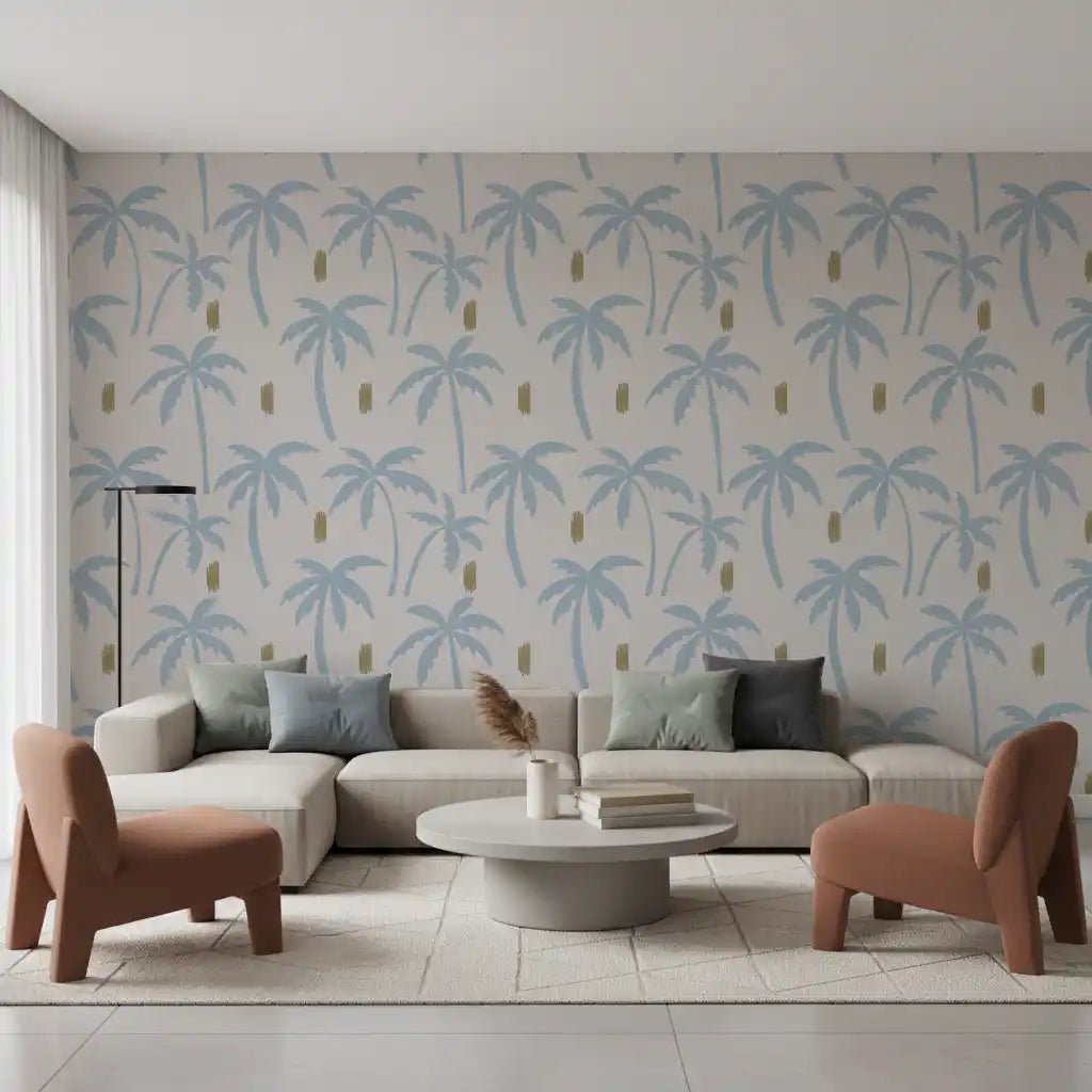 Flat lay of the light blue boho coastal palm wallpaper capturing