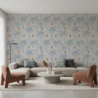 Flat lay of the light blue boho coastal palm wallpaper capturing