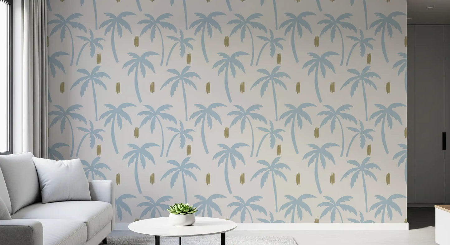 lounge styled with blue palm silhouette wallpaper paired with neutral 