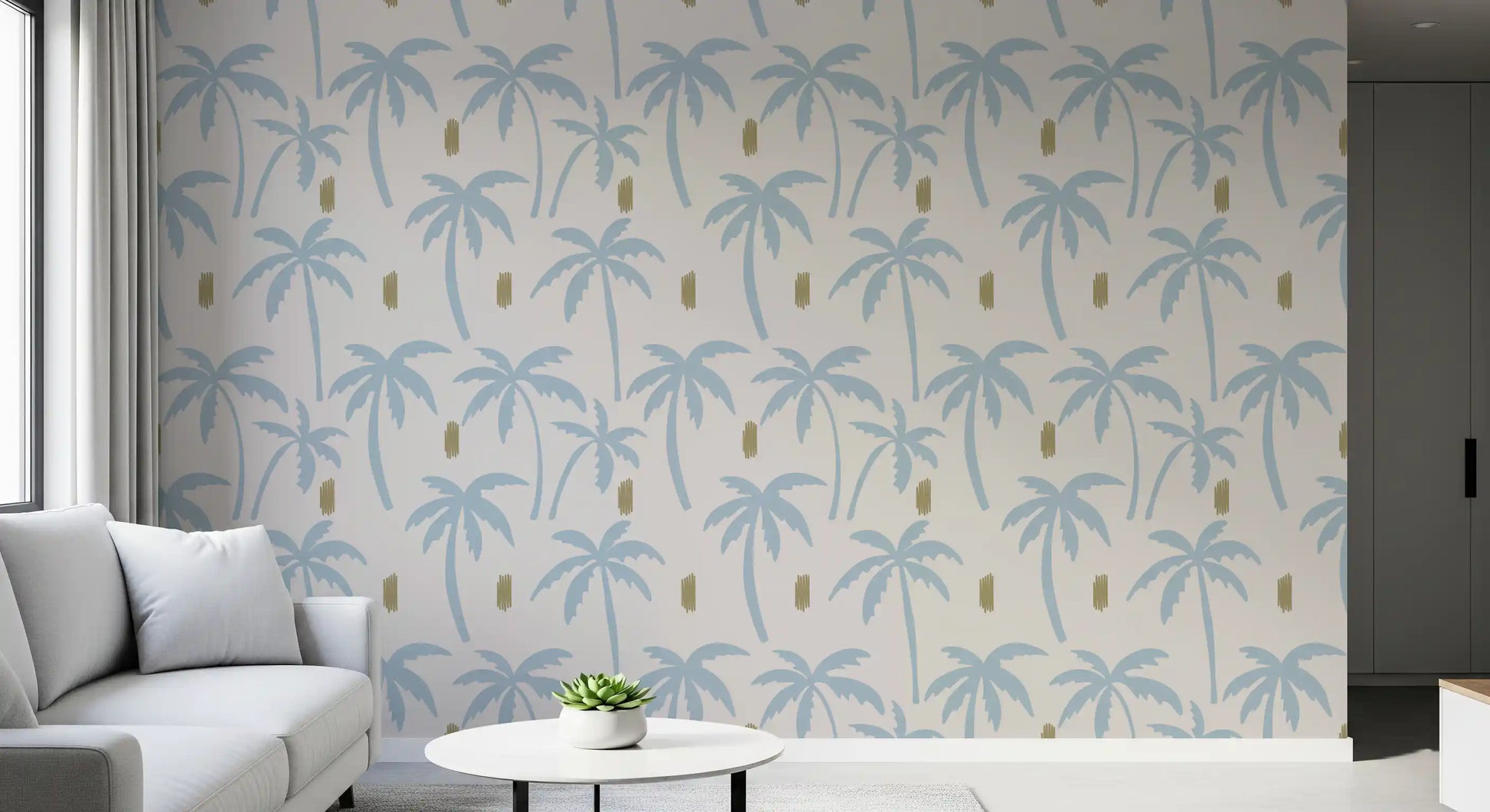 lounge styled with blue palm silhouette wallpaper paired with neutral 