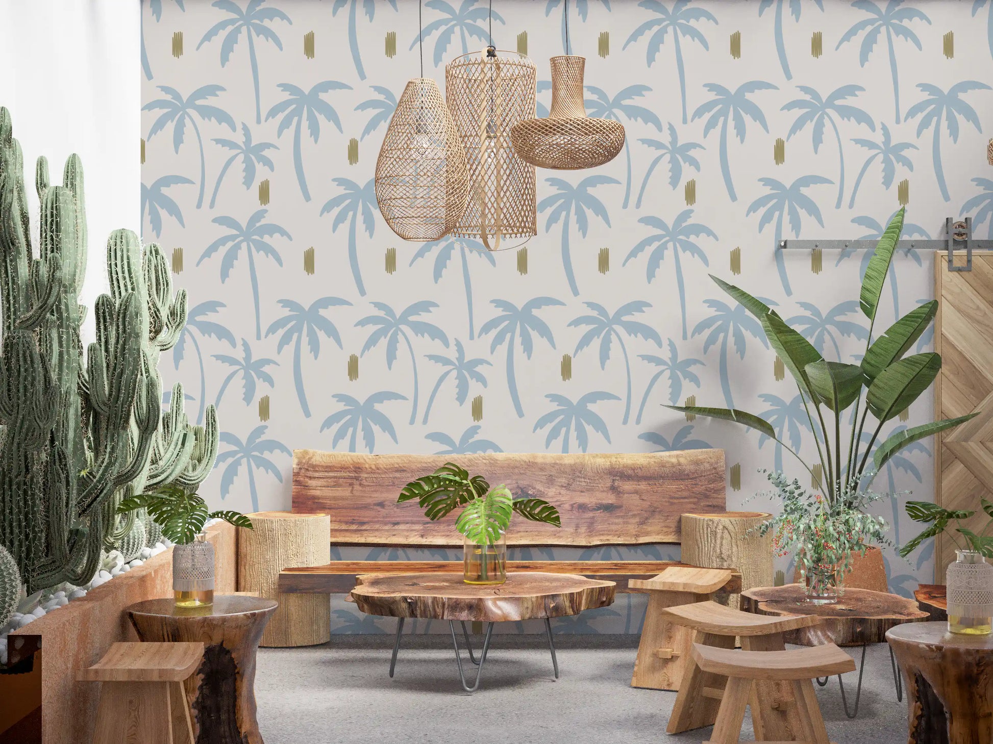 palm tree in pale blue printed on warm ivory wallpaper with olive brushstroke 