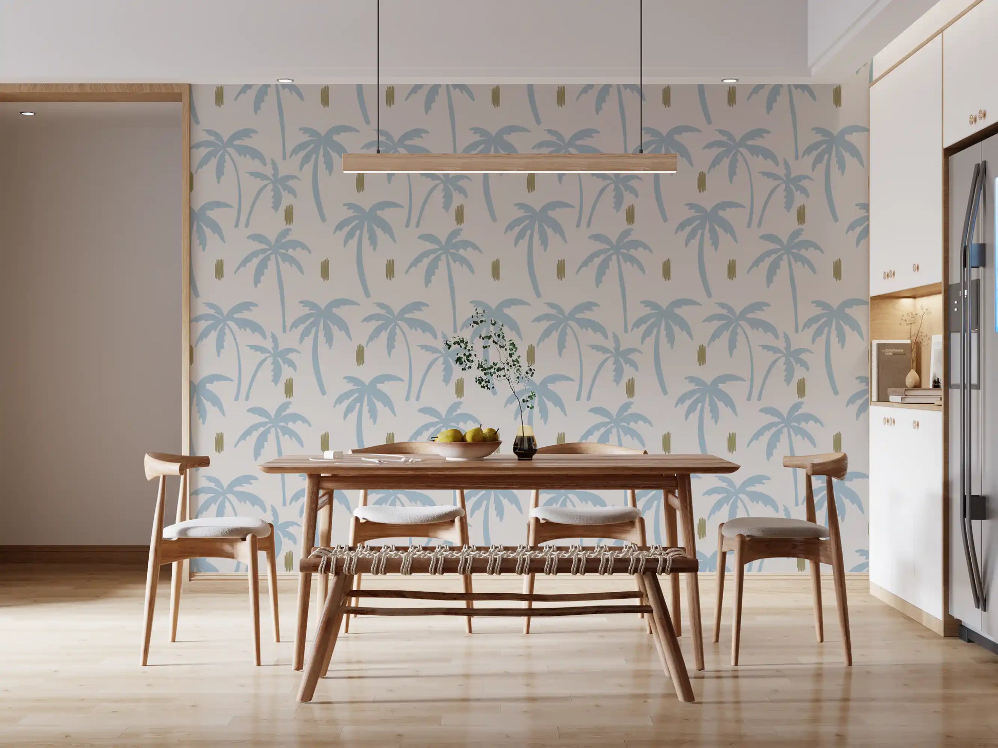 Boho wallpaper where faded blue palms meet warm ivory and muted olive tones
