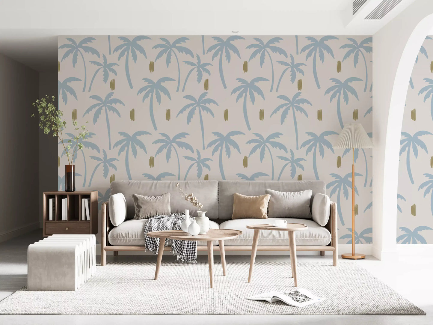 Matte wallpaper surface dusty blue tropical palm shapes an off-white
