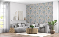 Boho coastal wallpaper overlapping light blue palms trees
