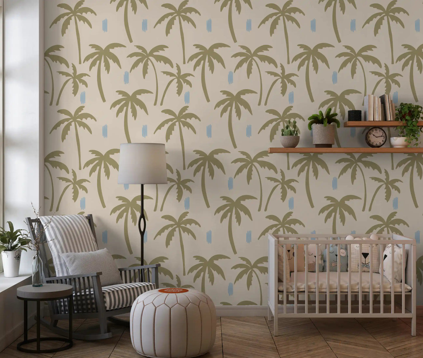 Olive coastal wallpaper carrying palm silhouettes and calm beach accents