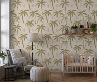 Olive coastal wallpaper carrying palm silhouettes and calm beach accents