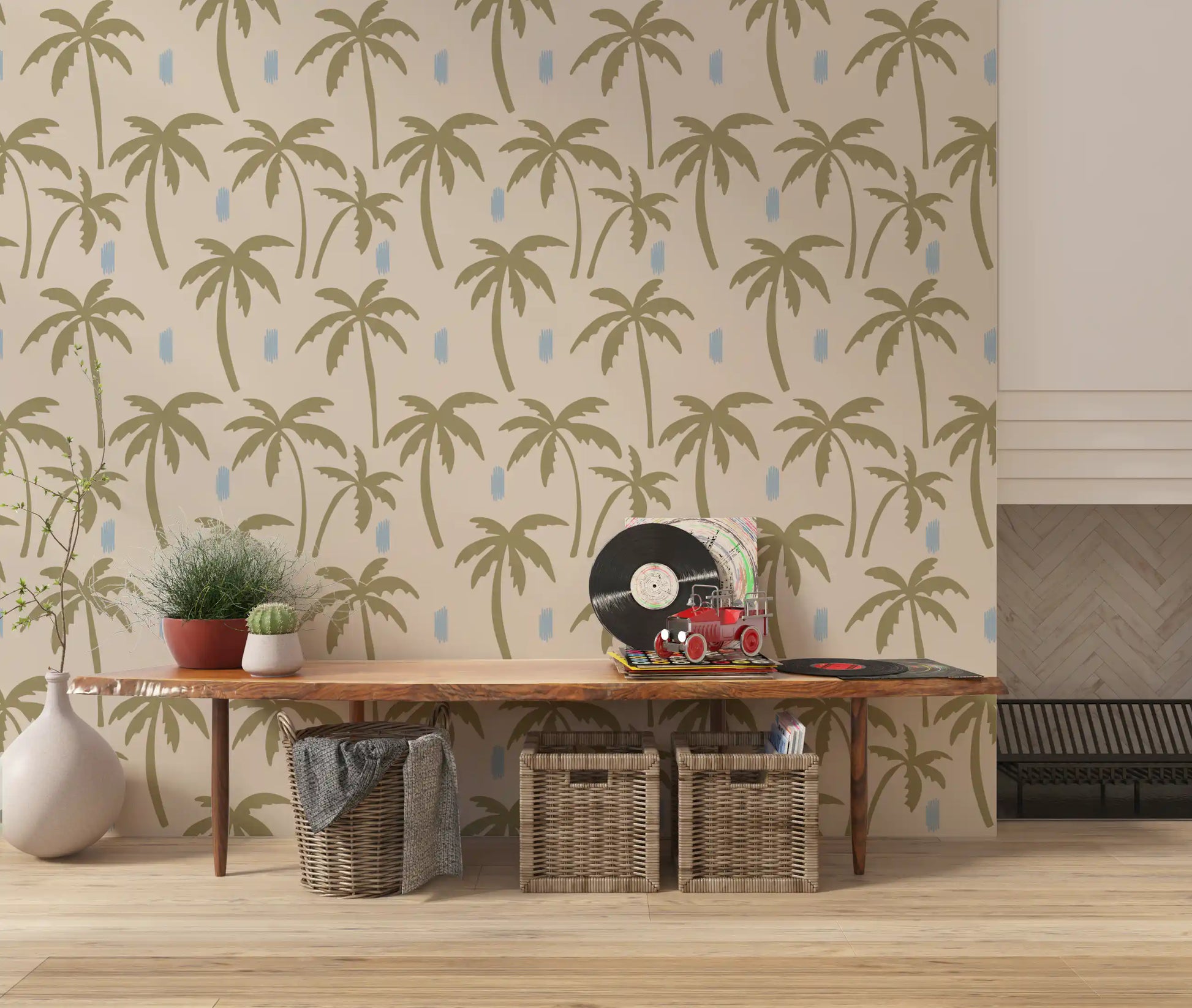 Olive Green Palm Tree Wallpaper with oversized palms and pale blue details