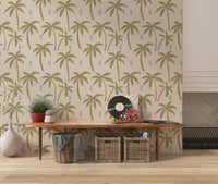 Olive Green Palm Tree Wallpaper with oversized palms and pale blue details
