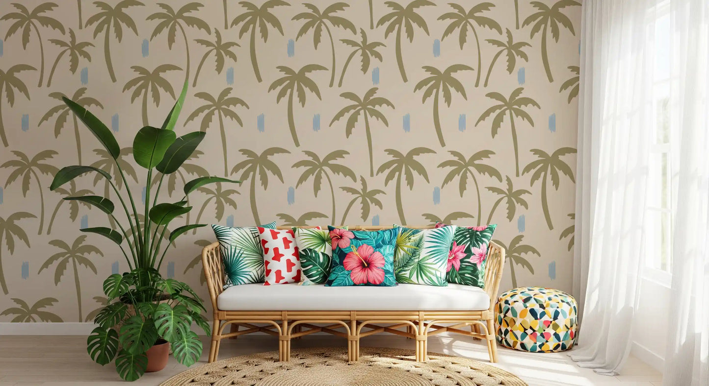Home using Boho Coastal Wallpaper with olive palms on beige backing