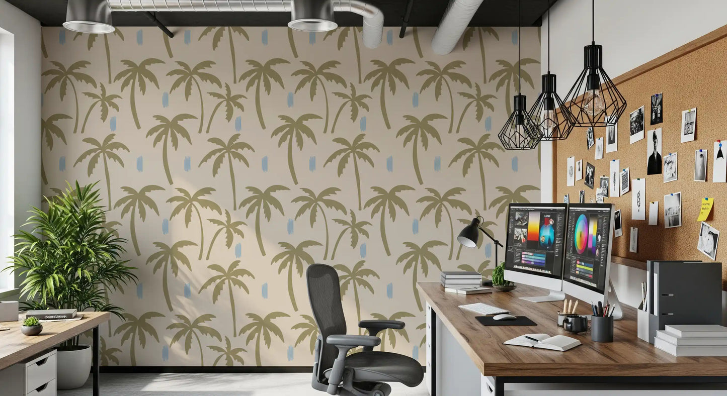 Boho Coastal Wallpaper featuring muted olive trees and open spacing