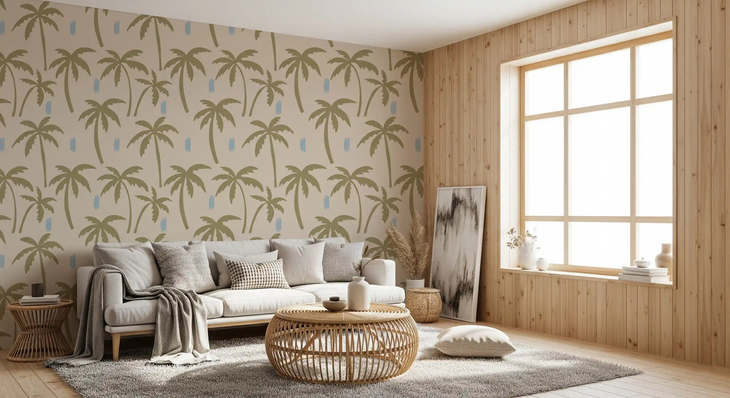 Living room with Coastal Palm Wallpaper and warm beige tropical pattern