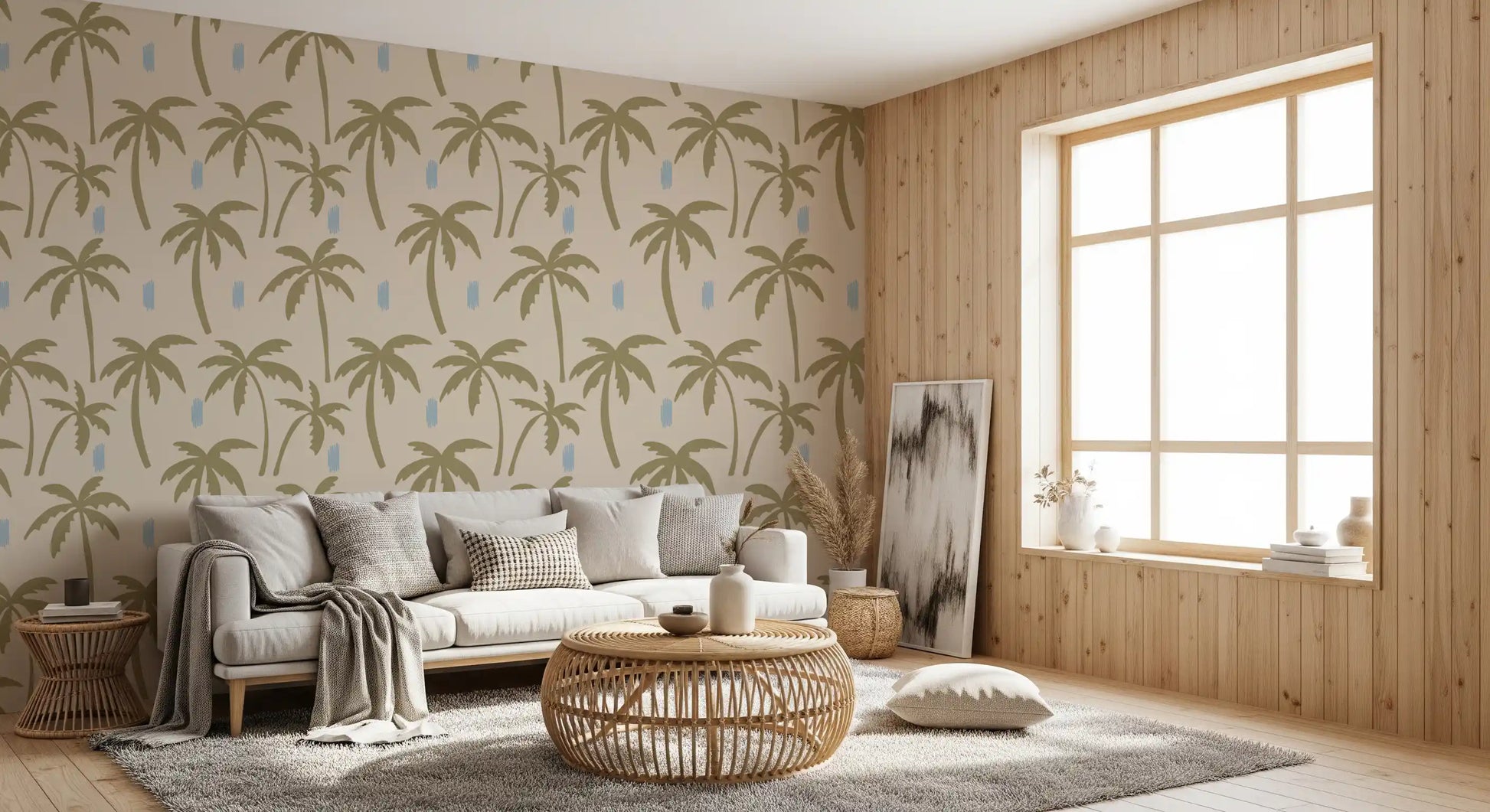 Living room with Coastal Palm Wallpaper and warm beige tropical pattern