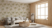 Living room with Coastal Palm Wallpaper and warm beige tropical pattern