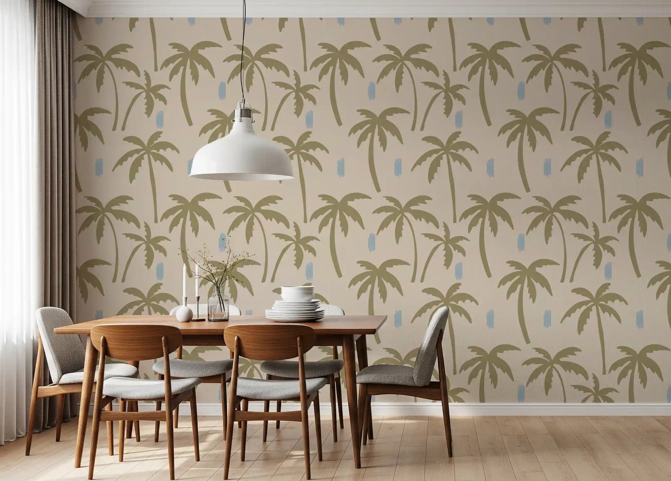 Dining room with Olive Green Palm Tree wallpaper and large tropical silhouettes