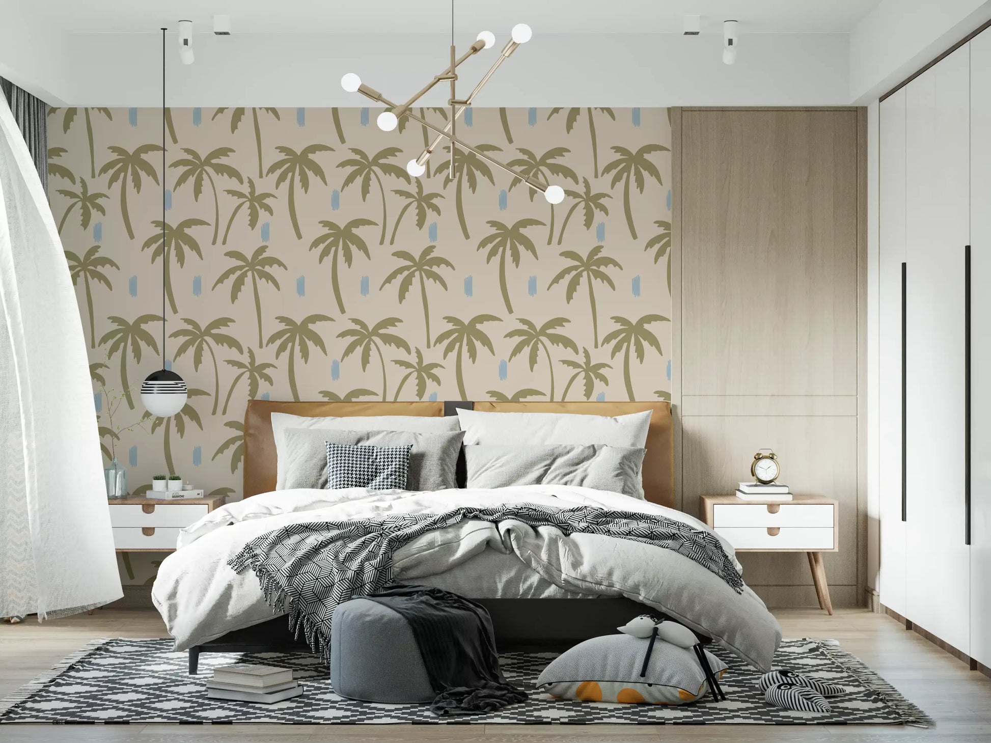 Tropical palm wallpaper with muted green trees and warm neutral base