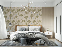 Tropical palm wallpaper with muted green trees and warm neutral base