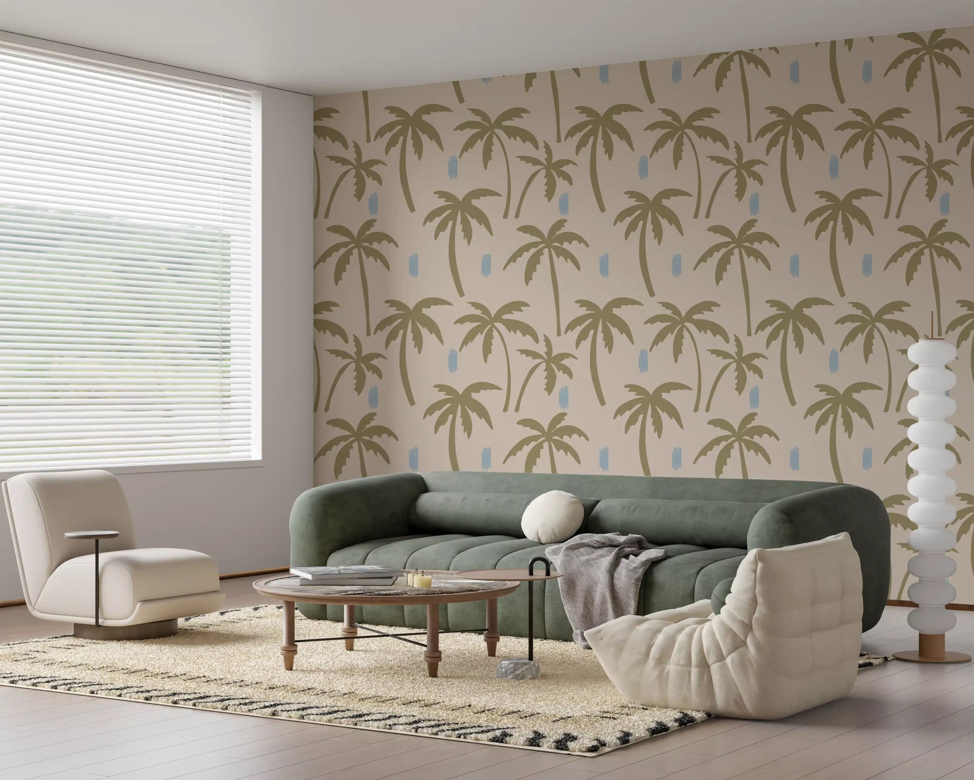 Hallway with Palm Tree Wallpaper and soft blue coastal accent marks
