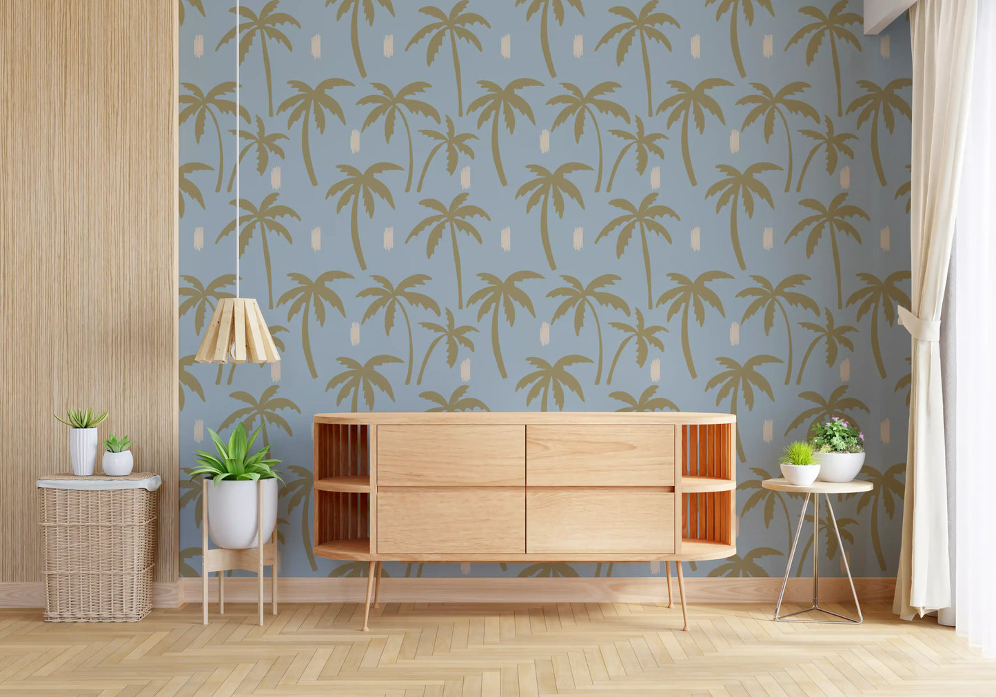 Soft Blue Palm wallpaper with calm island-inspired pattern flow