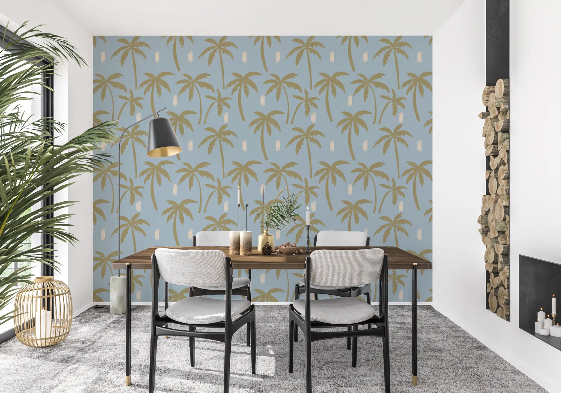 Blue Palm Tree wallpaper with soft coastal tones and open palm layout